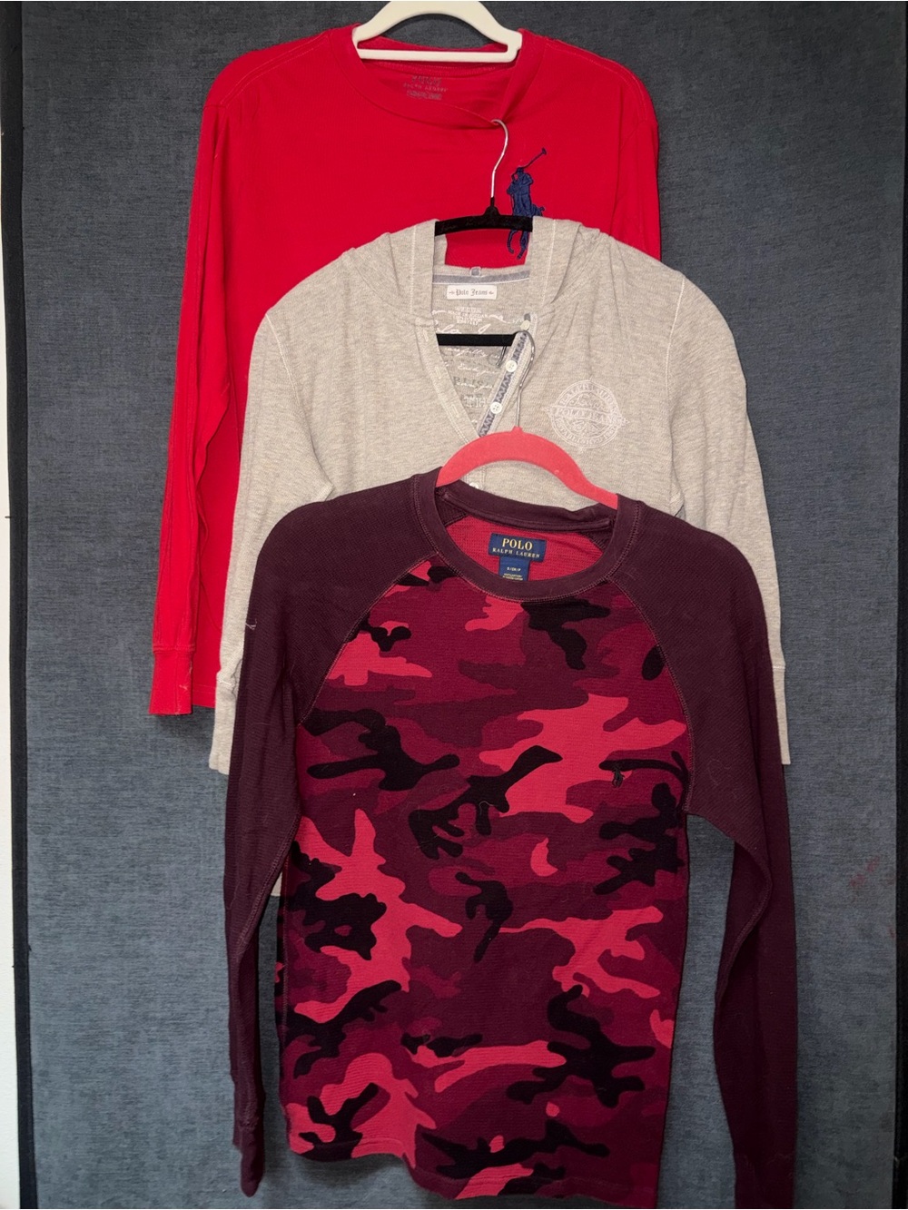 3 Polo tops by Ralph Lauren Red & Burgundy Camo Thermal Long Sleeve plusโฆ